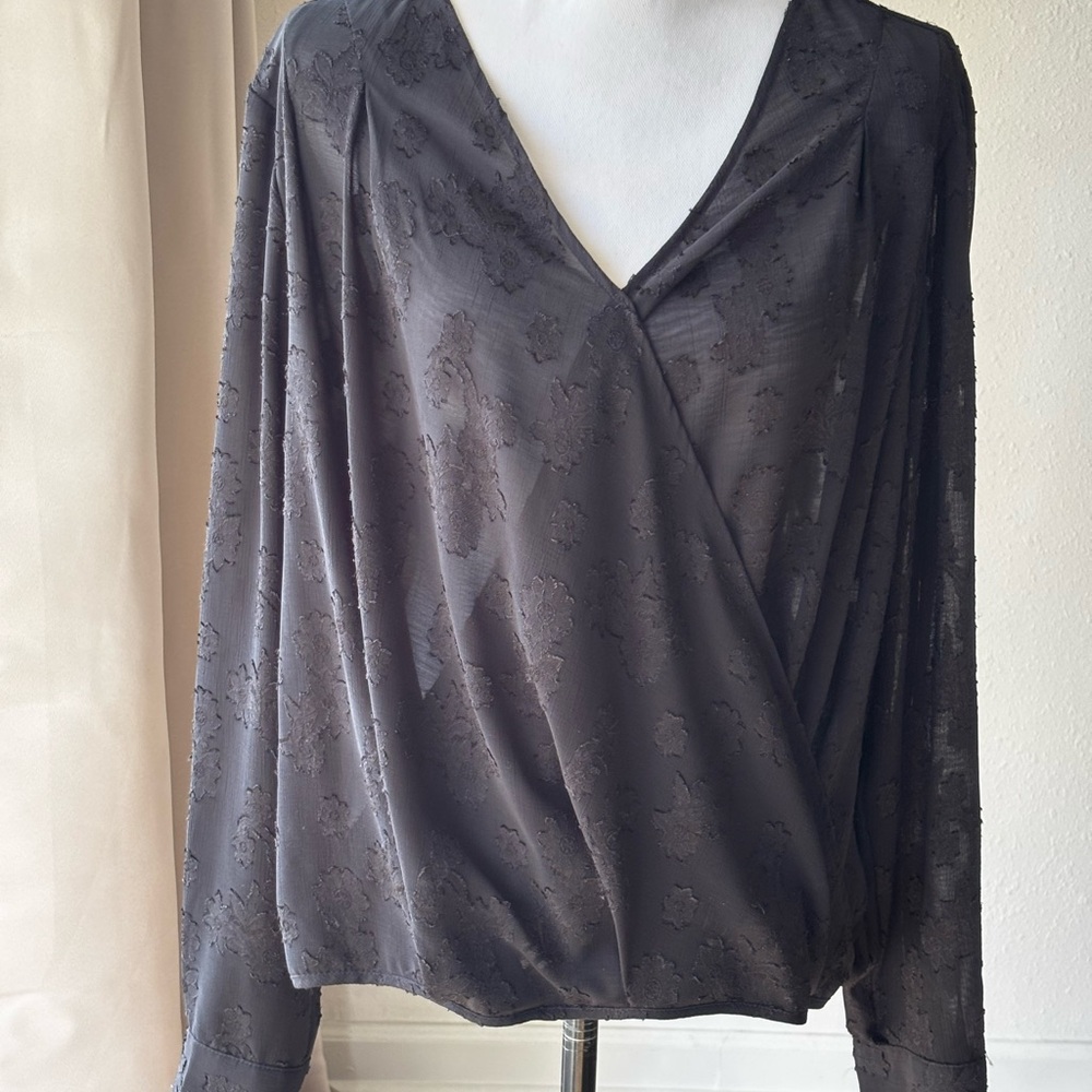 Andrew Marc Black Simi-Sheer Floral Embroidered Long Sleeve Wrap Blouse Size XL